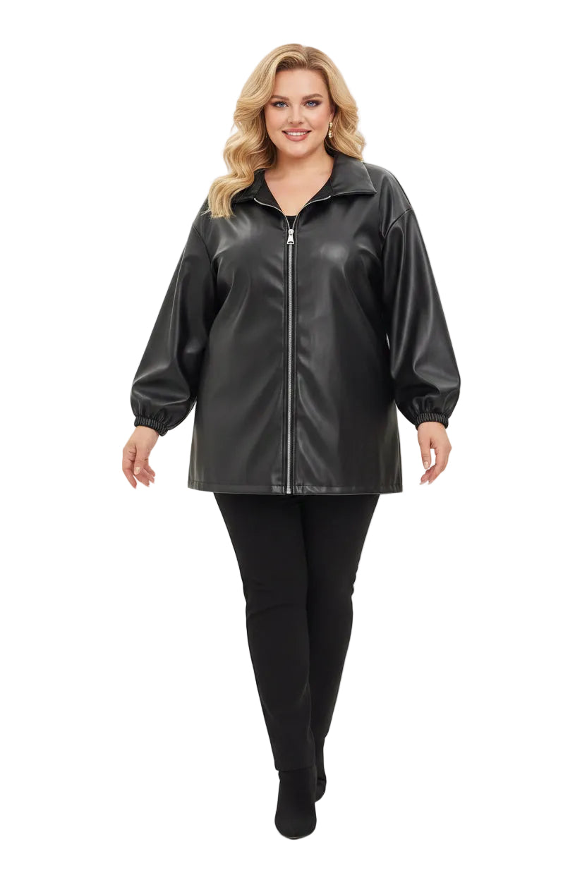Giacca in ecopelle morbida con zip e collo camicia