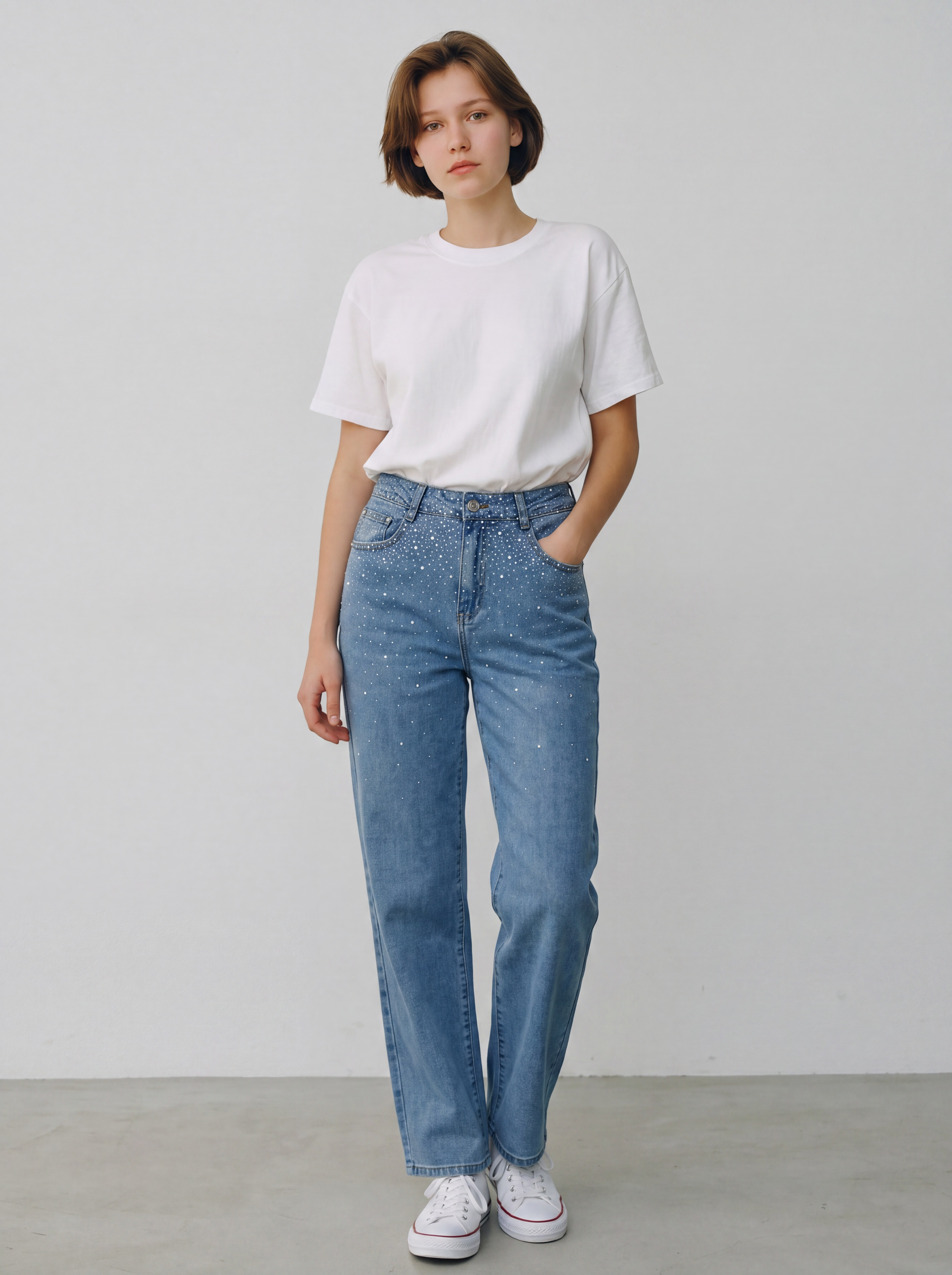 Jeans a Gamba Dritta con Strass