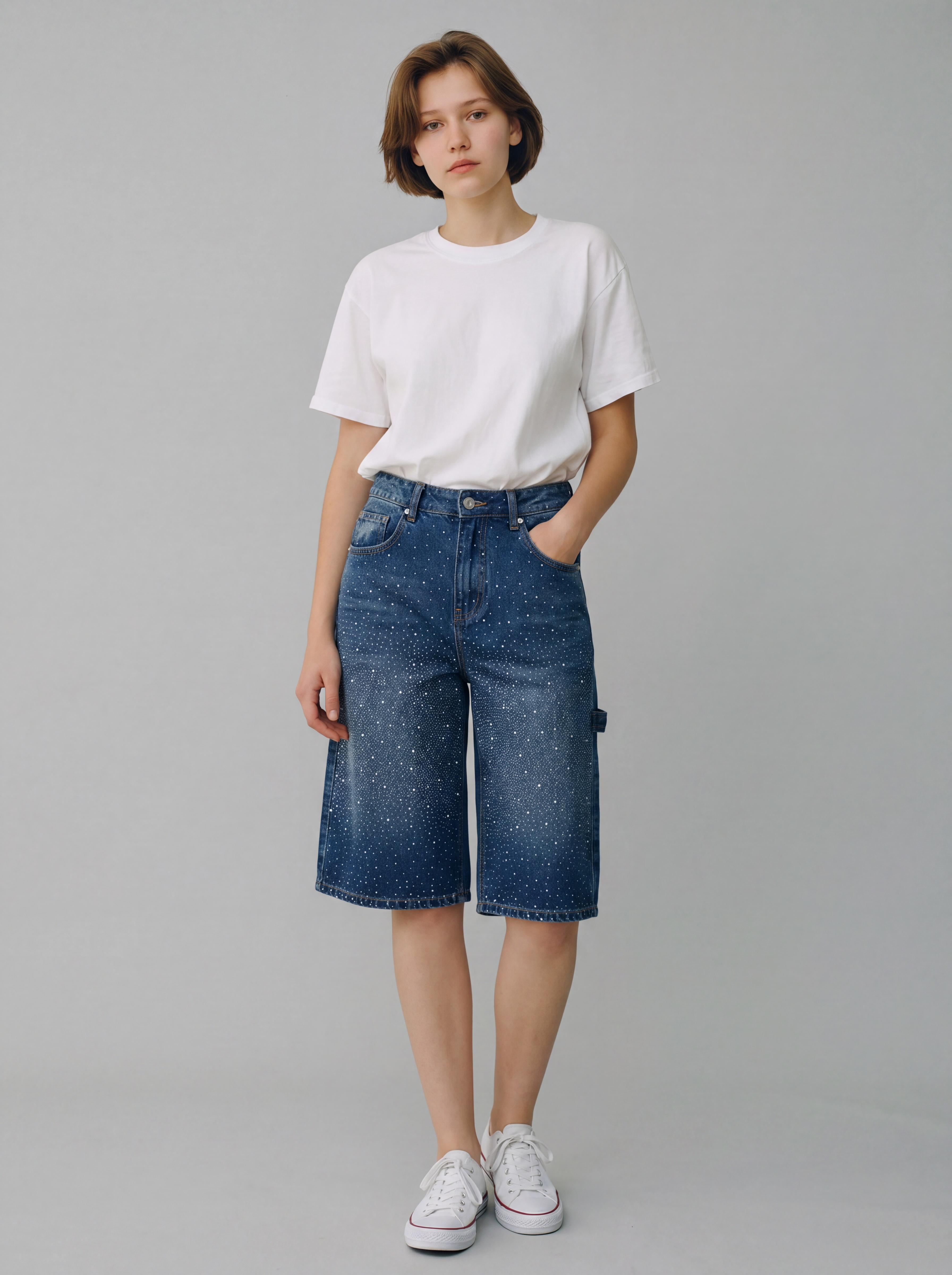 Bermuda Jeans Scuro Wide Leg con Strass