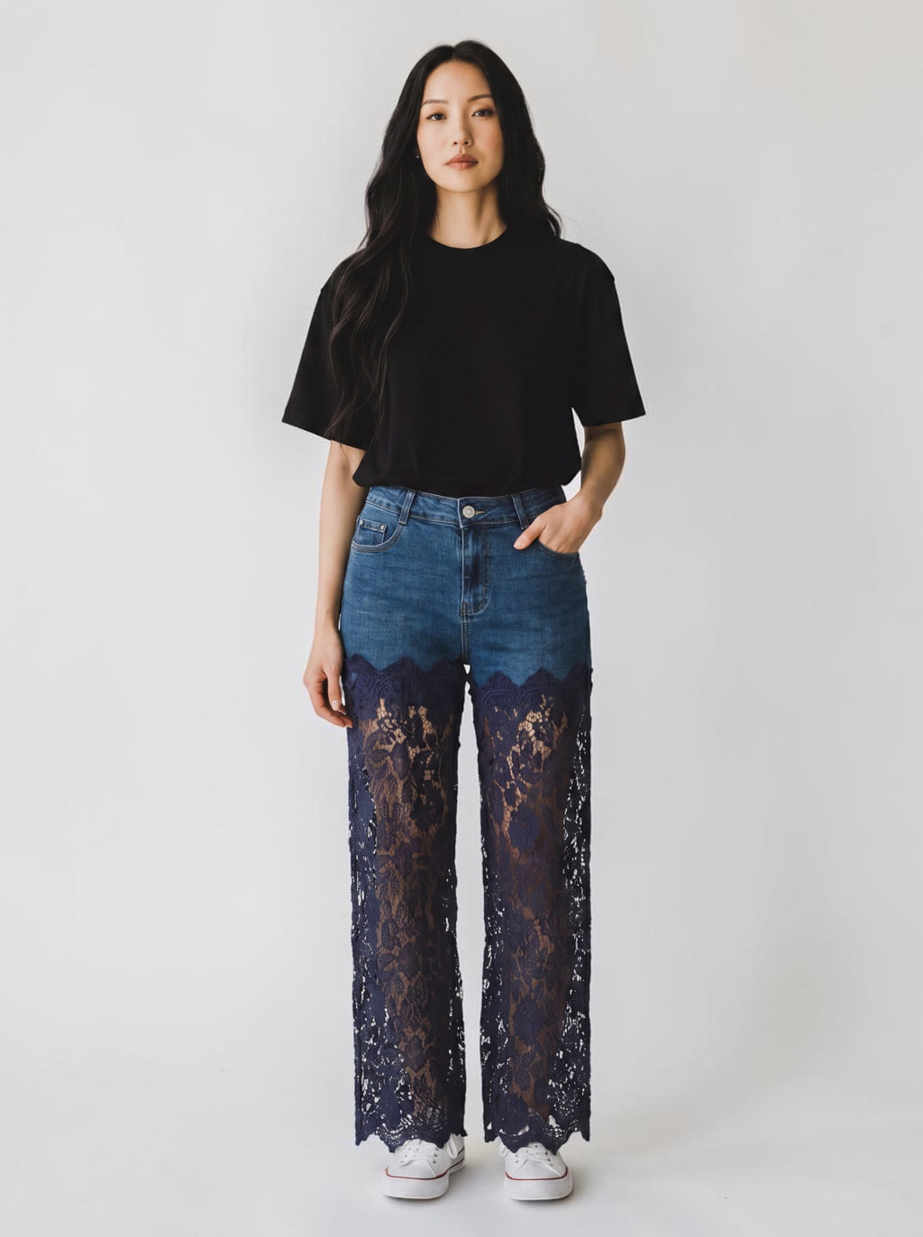 Jeans Wide Leg con Gamba in Pizzo Macramè