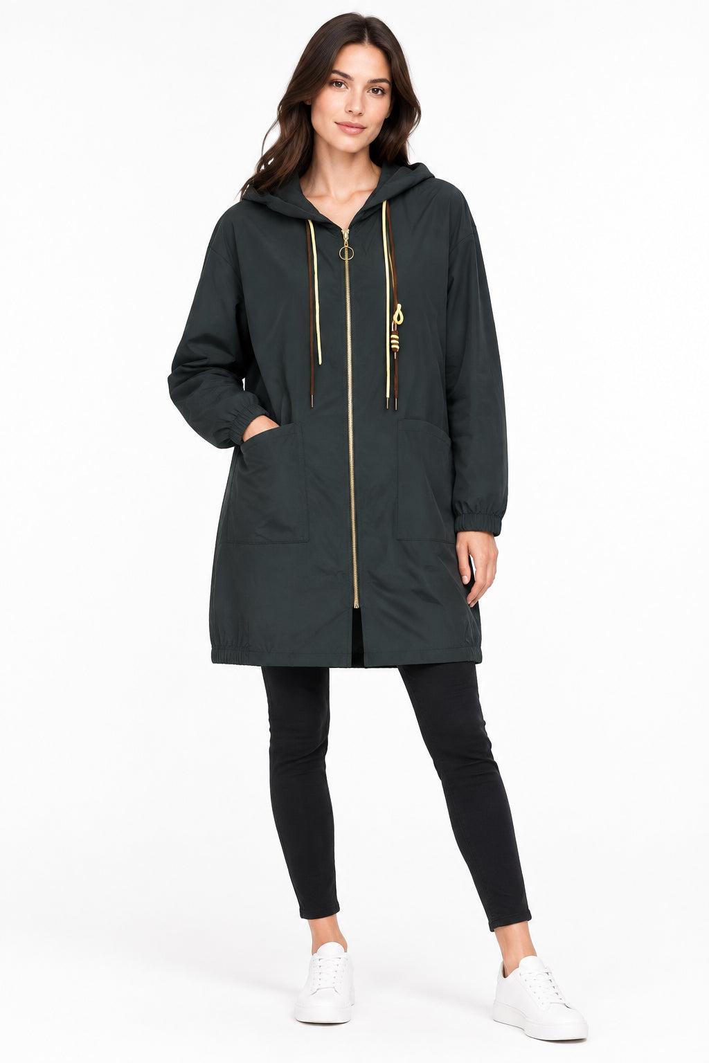 Parka Lungo con Cappuccio e Tascone Giubbotto Impermeabile in Misto Viscosa Stretch