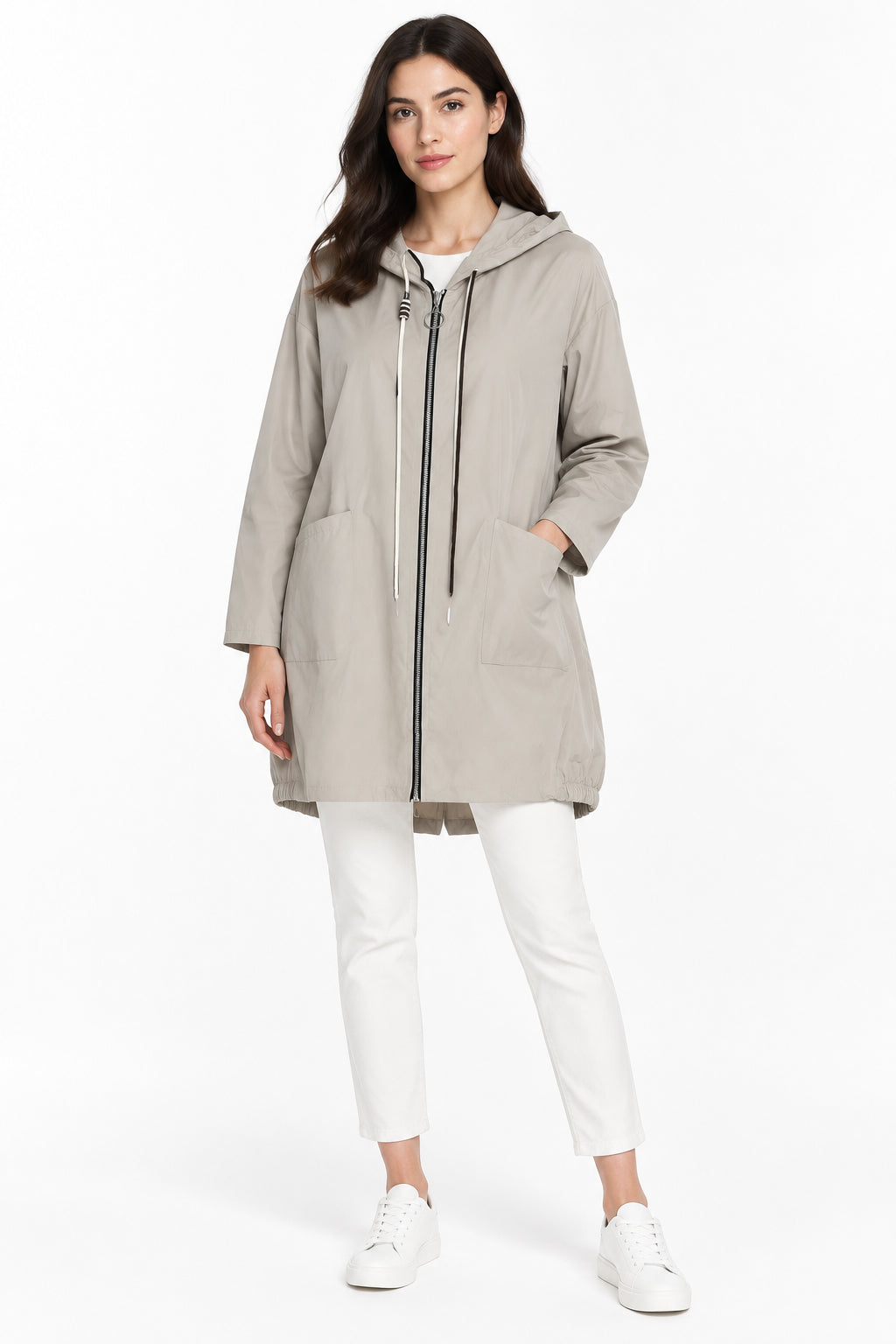 Parka Lungo con Cappuccio e Tascone Giubbotto Impermeabile in Misto Viscosa Stretch