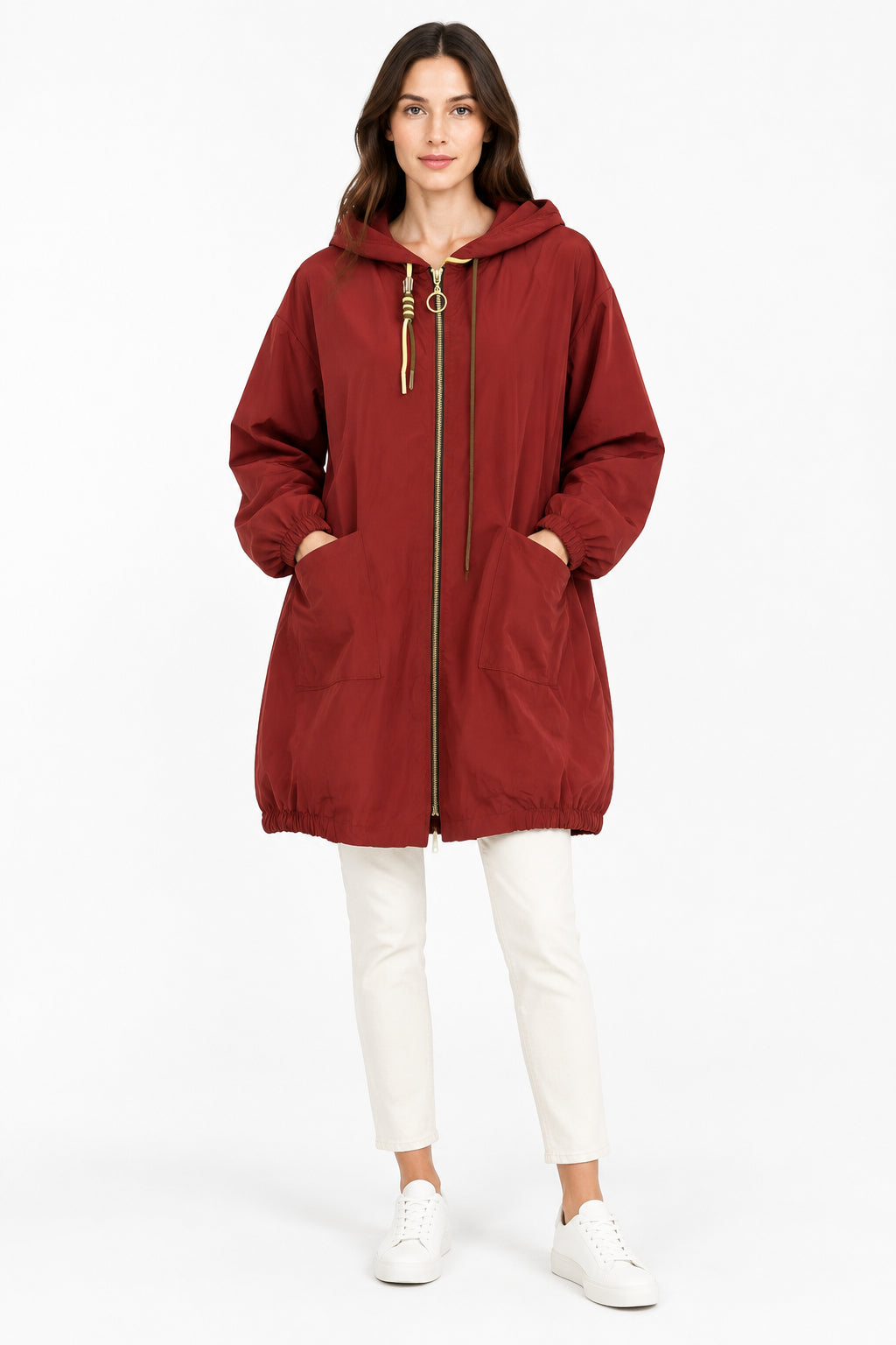 Parka Lungo con Cappuccio e Tascone Giubbotto Impermeabile in Misto Viscosa Stretch