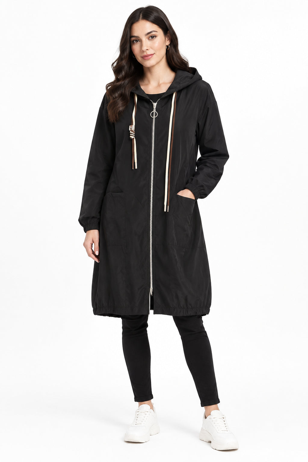 Parka Lungo con Cappuccio e Tascone Giubbotto Impermeabile in Misto Viscosa Stretch