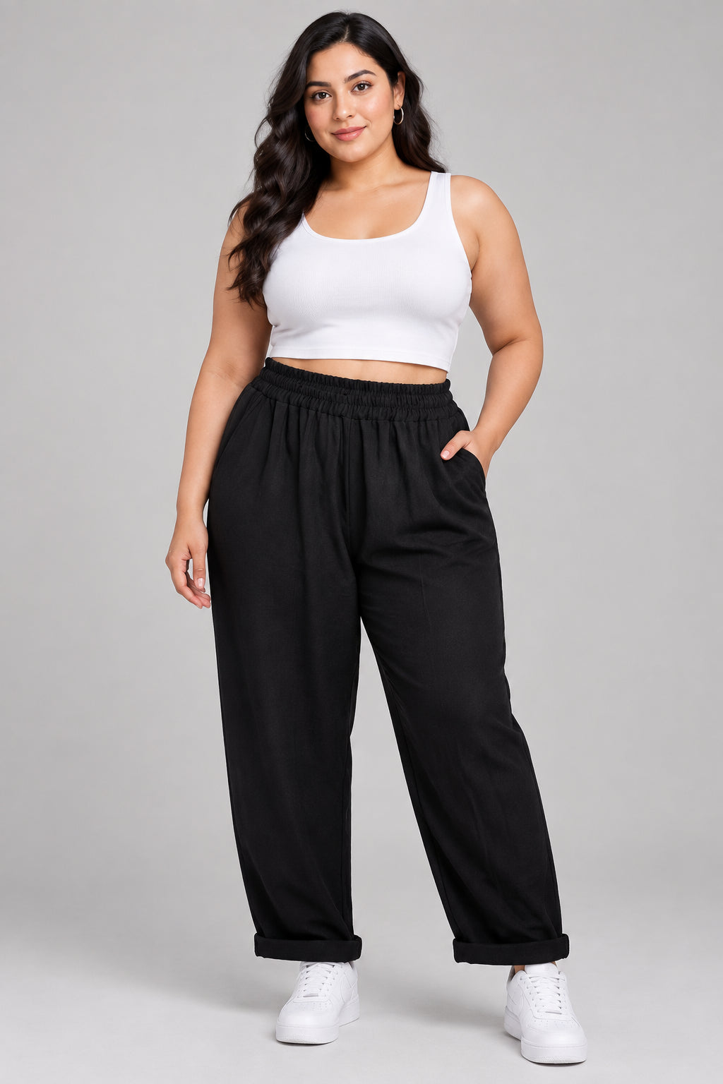 Pantalone Curvy Comfort con Risvolto Taglie Comode in Rayon Stretch con Elastico in Vita