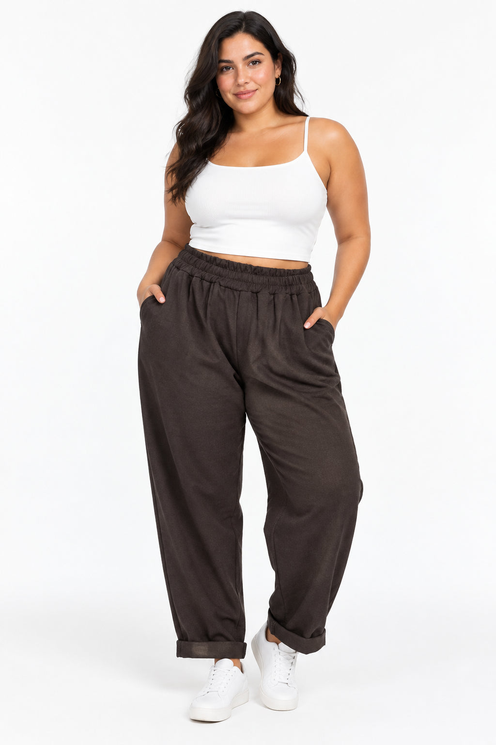 Pantalone Curvy Comfort con Risvolto Taglie Comode in Rayon Stretch con Elastico in Vita