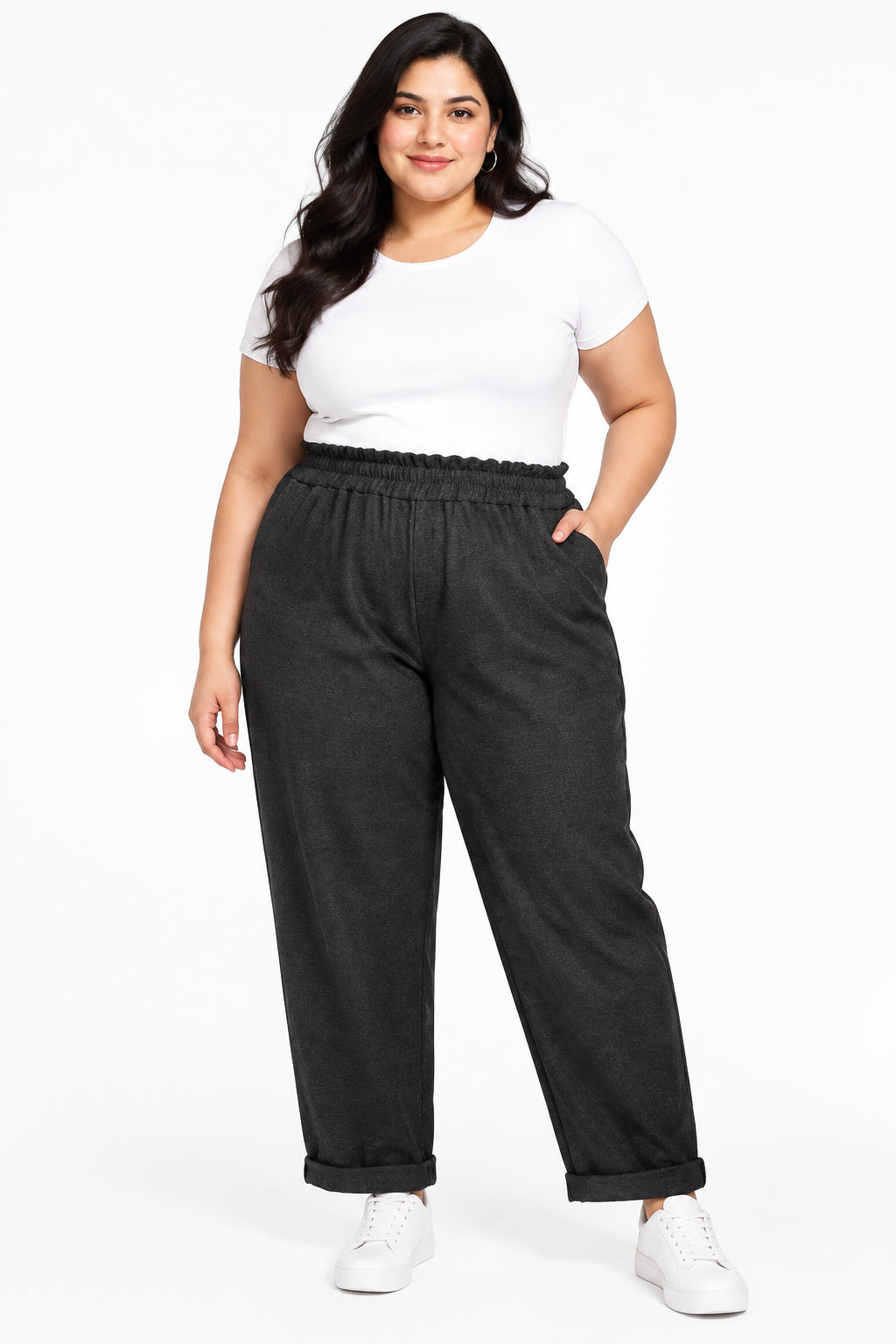 Pantalone Curvy Comfort con Risvolto Taglie Comode in Rayon Stretch con Elastico in Vita