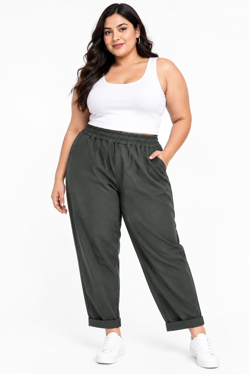 Pantalone Curvy Comfort con Risvolto Taglie Comode in Rayon Stretch con Elastico in Vita