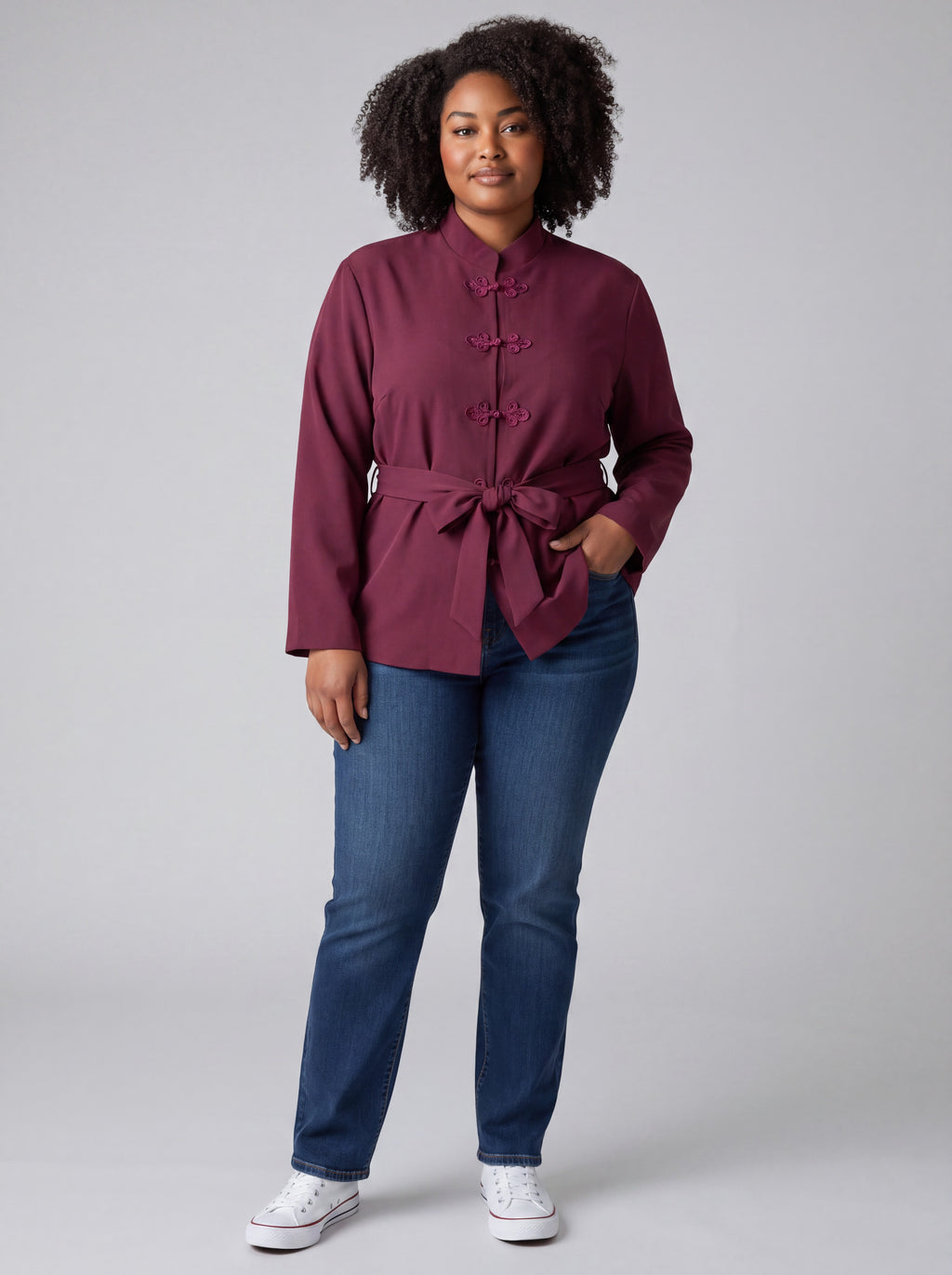 Giacca Curvy Stile Orientale con Alamari e Cintura in Vita – Collo alla Coreana
