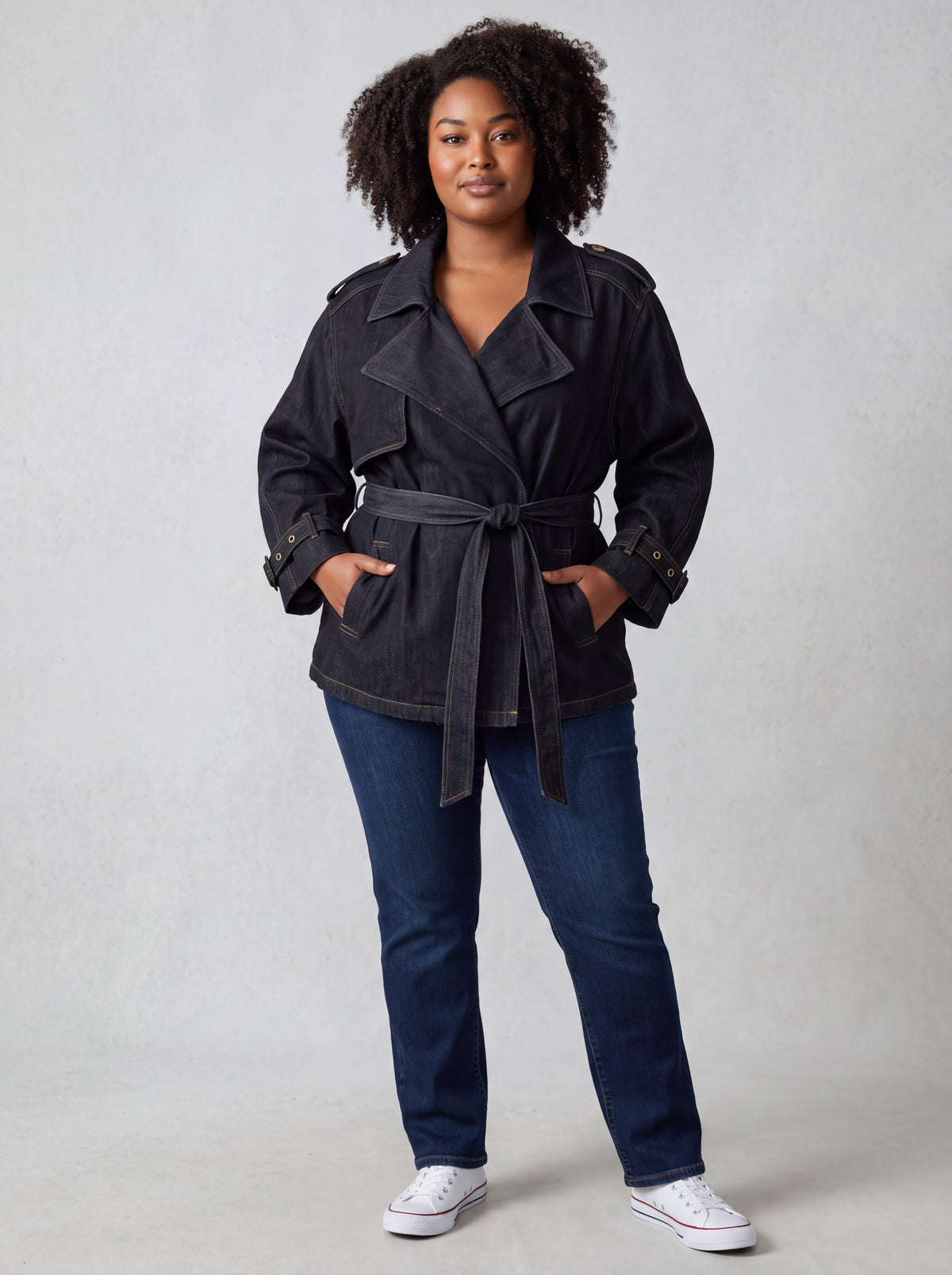Trench Corto Curvy in Denim Scuro 100% Cotone – Giacca Trench con Cintura in Vita