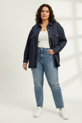 Camicia Giacca Curvy in Denim Scuro Misto Cotone – Shacket con Tasconi