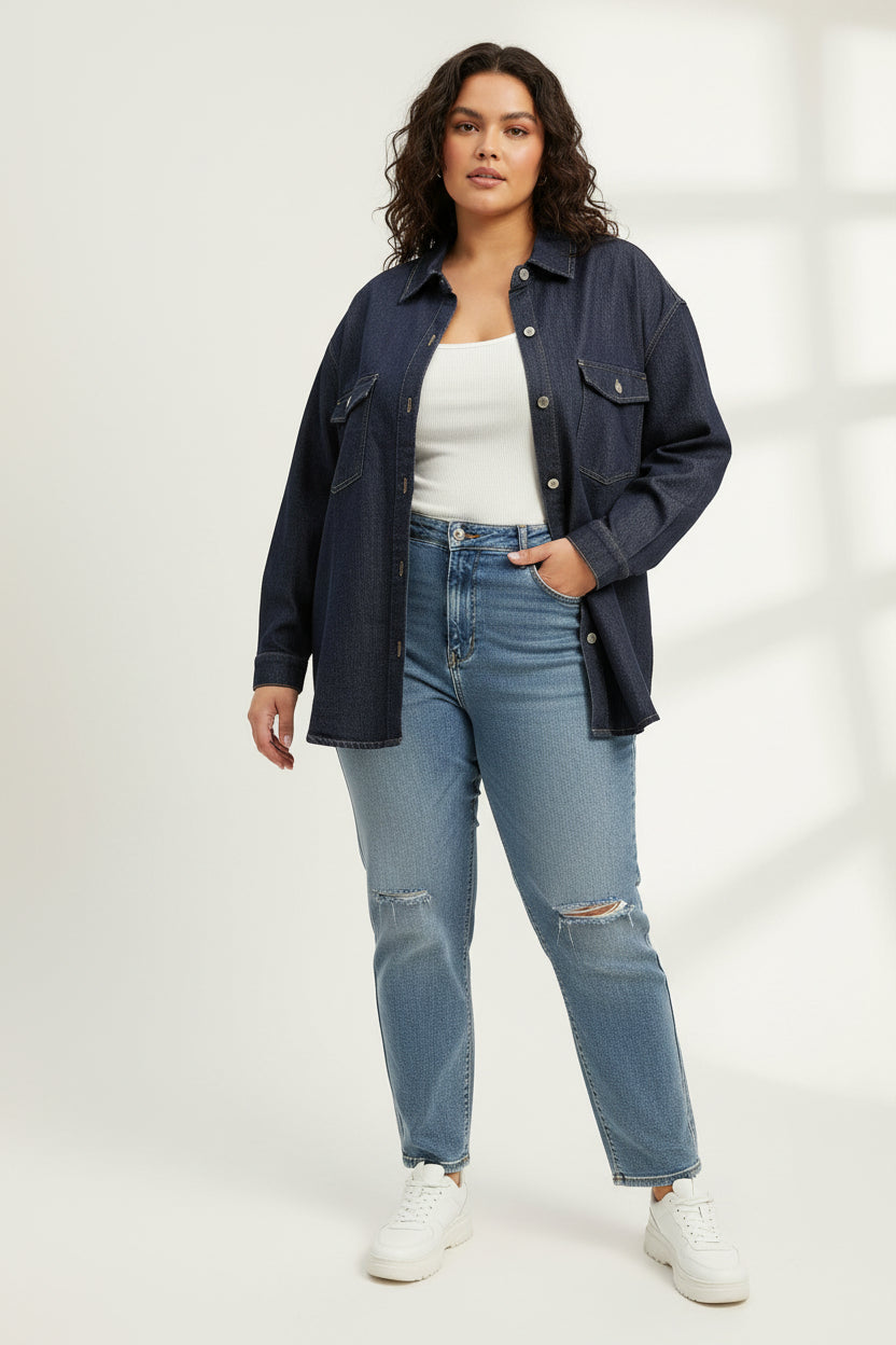 Camicia Giacca Curvy in Denim Scuro Misto Cotone – Shacket con Tasconi