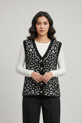 Gilet Curvy in Maglia Morbida Animalier con Bottoni Gioiello e Scollo a V