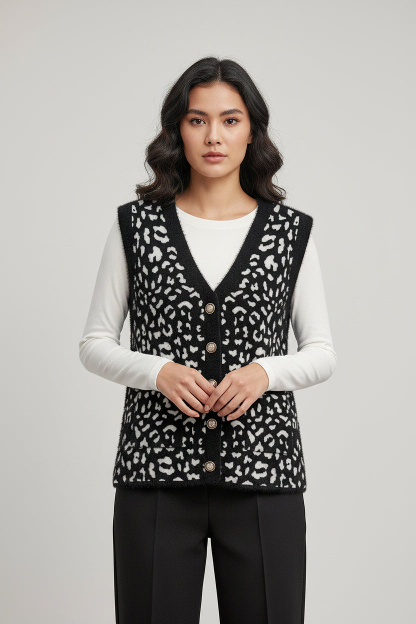 Gilet Curvy in Maglia Morbida Animalier con Bottoni Gioiello e Scollo a V