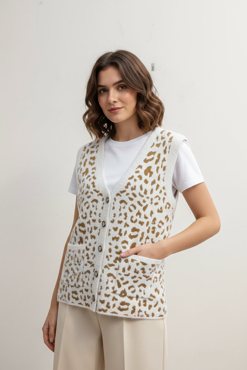 Gilet Curvy in Maglia Morbida Animalier con Bottoni Gioiello e Scollo a V