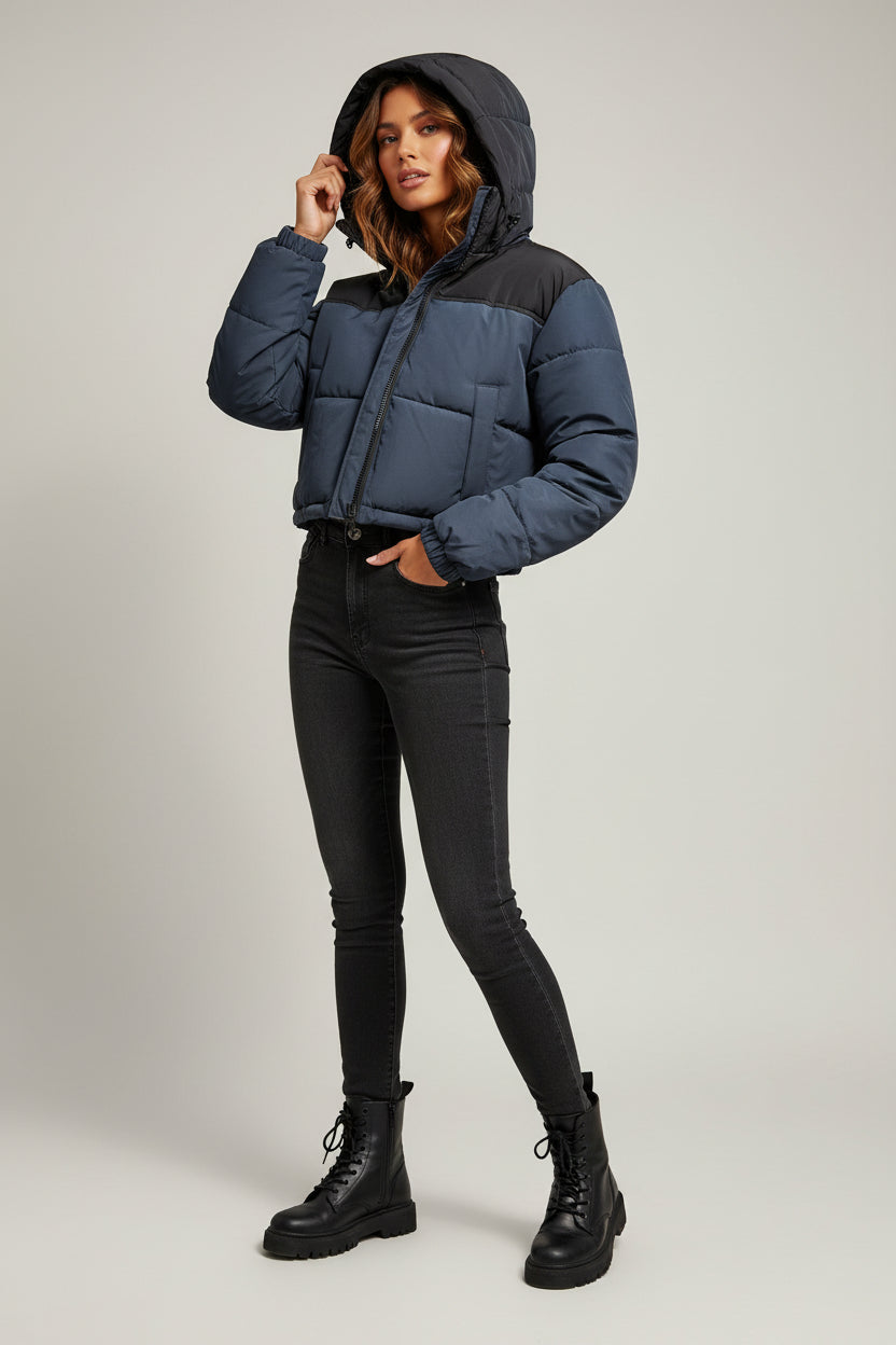 Piumino Corto Bicolore Puffer Jacket con Cappuccio Imbottito