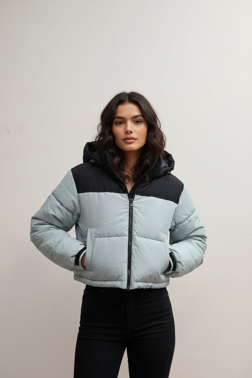 Piumino Corto Bicolore Puffer Jacket con Cappuccio Imbottito