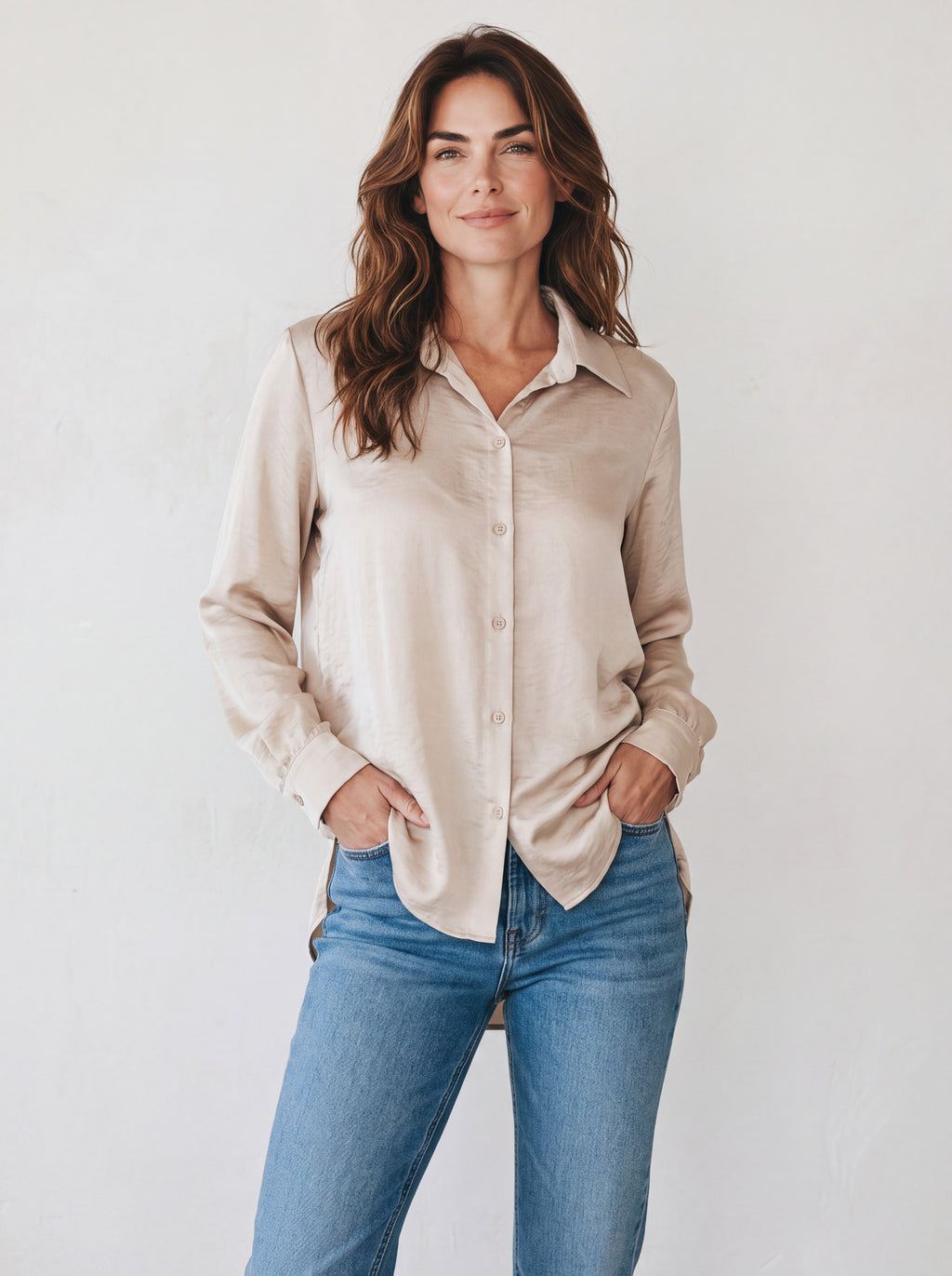 Camicia Satinata Fluida Misto Viscosa ad Effetto Lucido