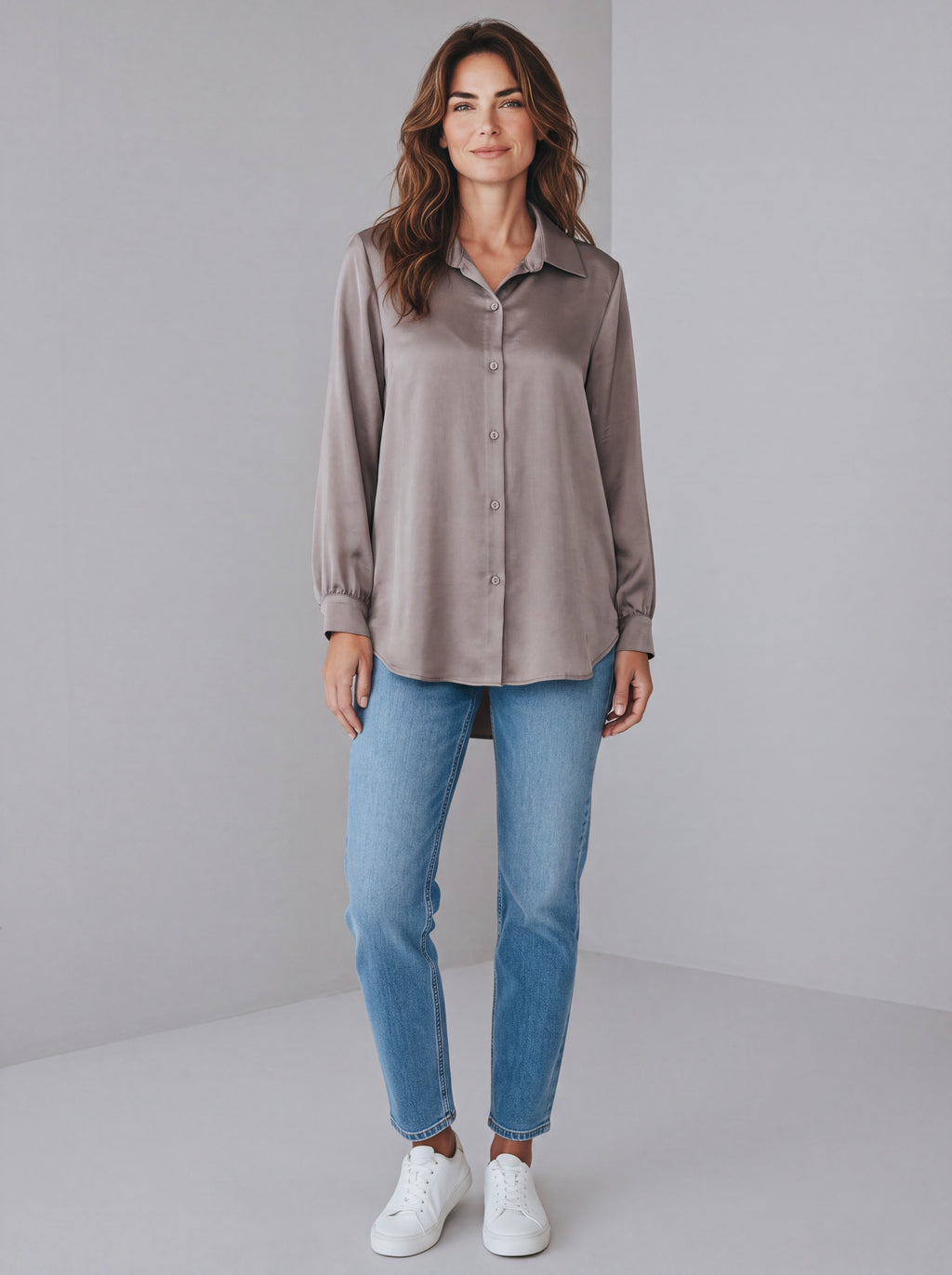Camicia Satinata Fluida Misto Viscosa ad Effetto Lucido