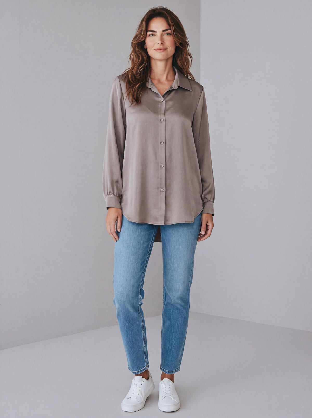 Camicia Satinata Fluida Misto Viscosa ad Effetto Lucido