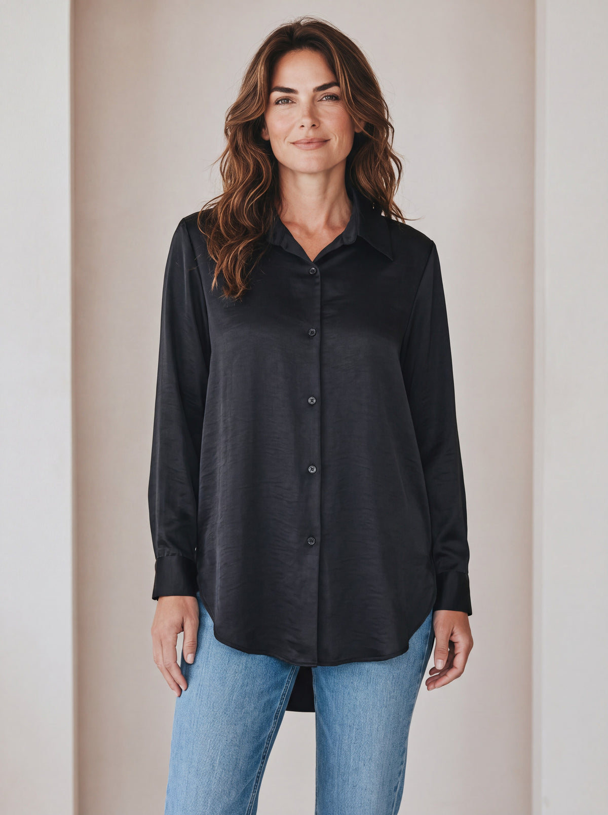 Camicia Satinata Fluida Misto Viscosa ad Effetto Lucido