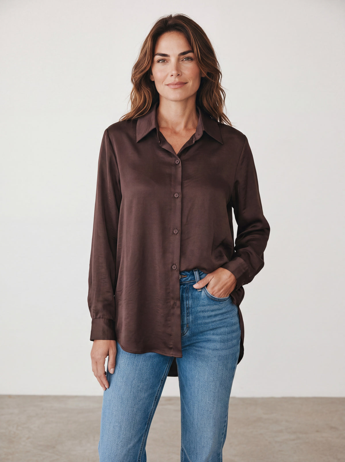 Camicia Satinata Fluida Misto Viscosa ad Effetto Lucido