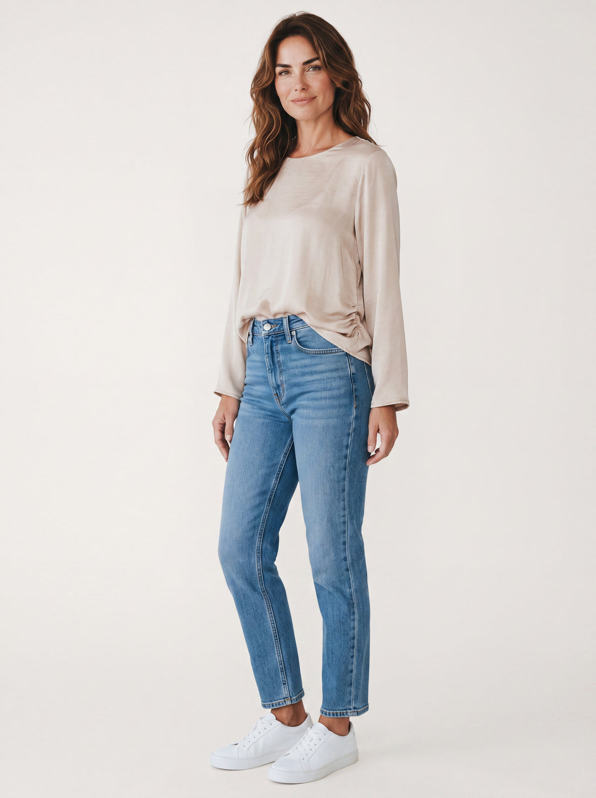 Blusa Satinata Girocollo con Nodo Laterale – Misto Viscosa ad Effetto Lucido