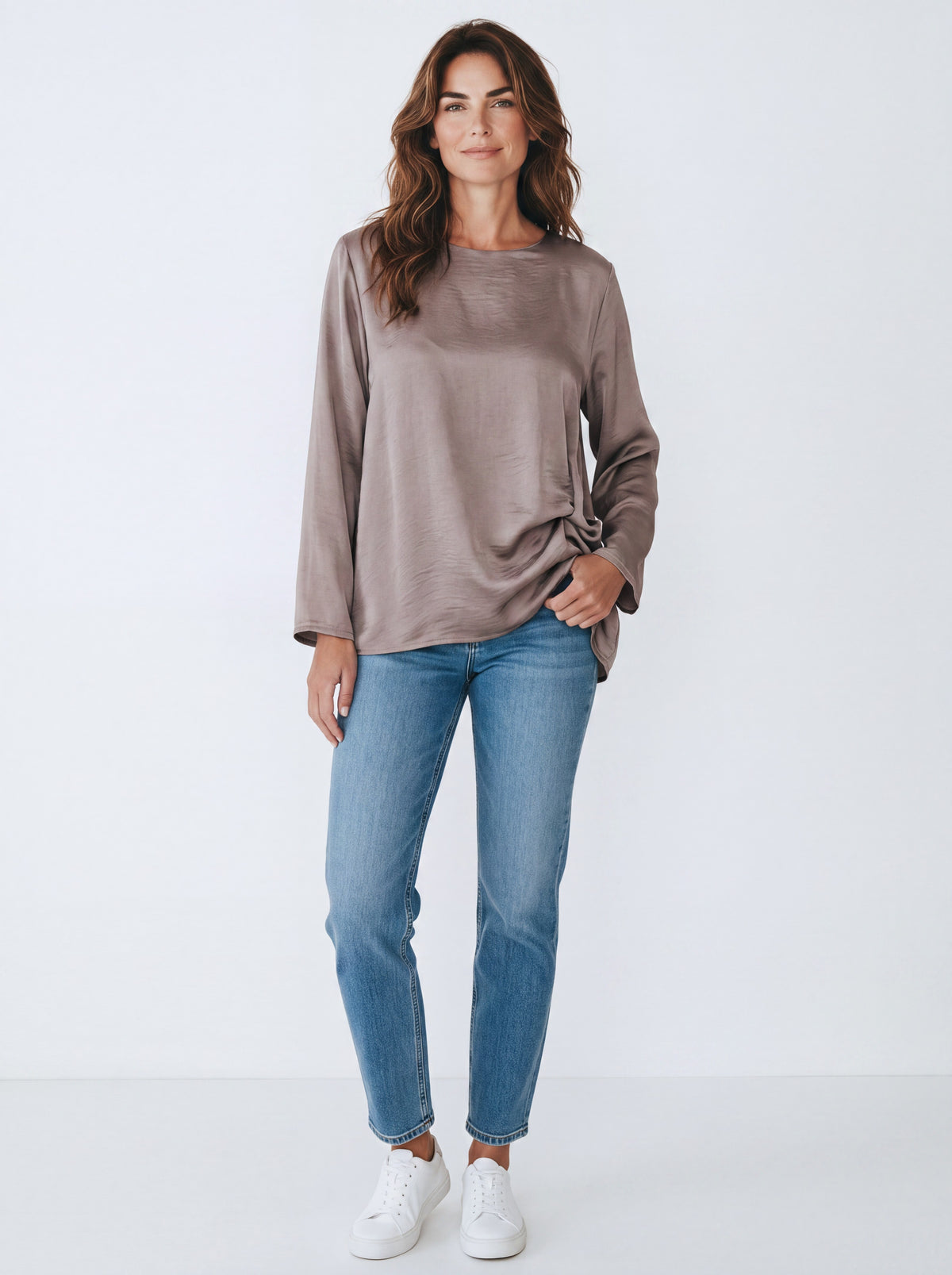 Blusa Satinata Girocollo con Nodo Laterale – Misto Viscosa ad Effetto Lucido