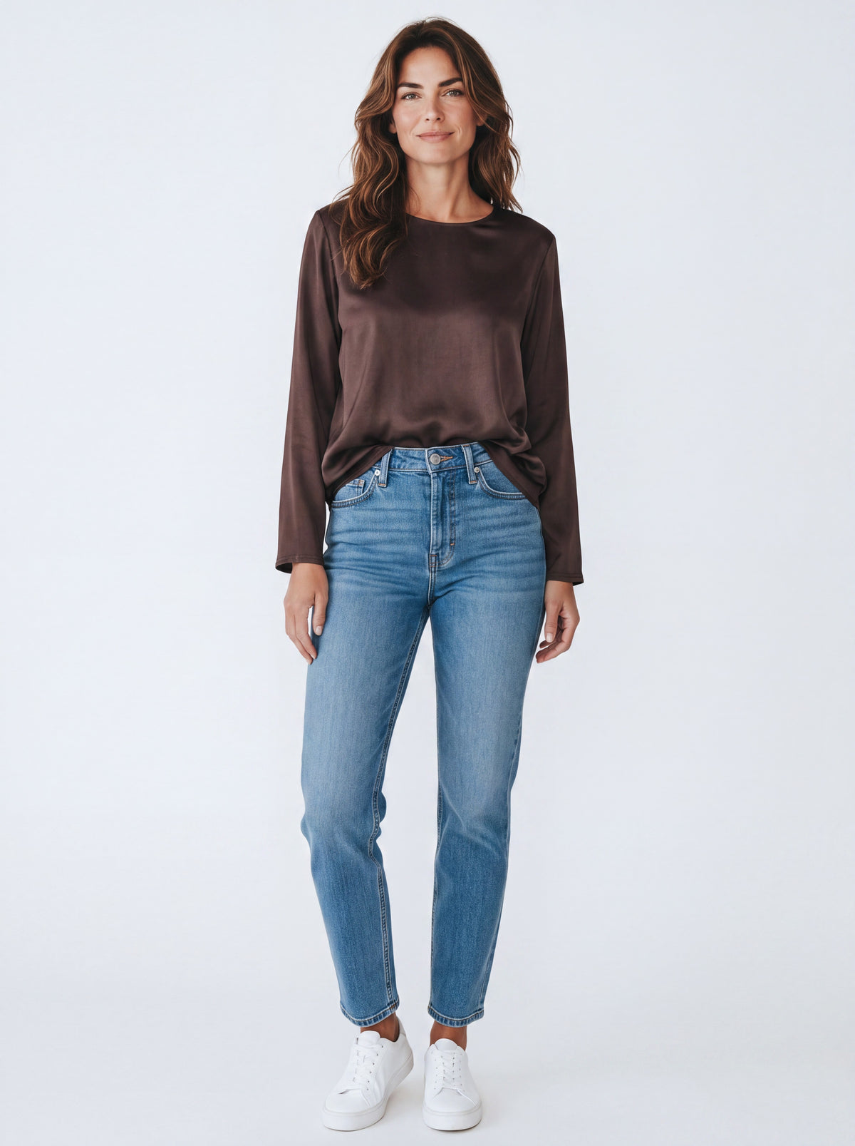 Blusa Satinata Girocollo con Nodo Laterale – Misto Viscosa ad Effetto Lucido
