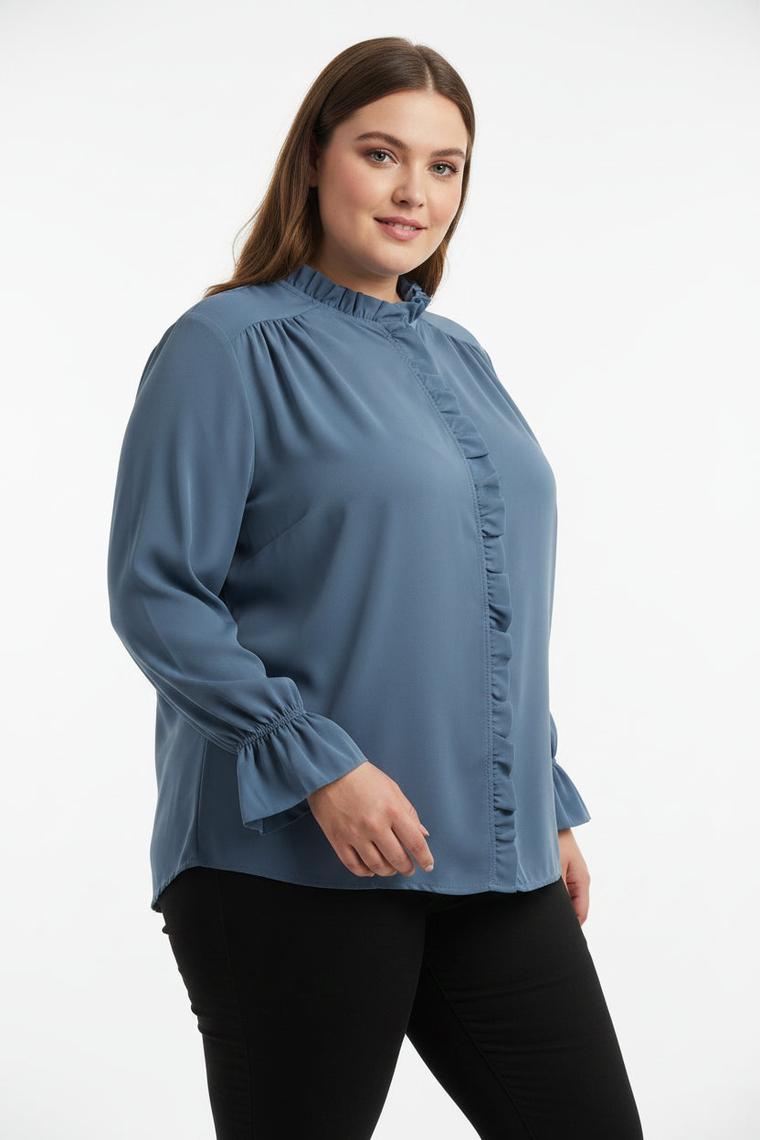 Camicia Curvy Fluida con Volant e Polsini a Campana