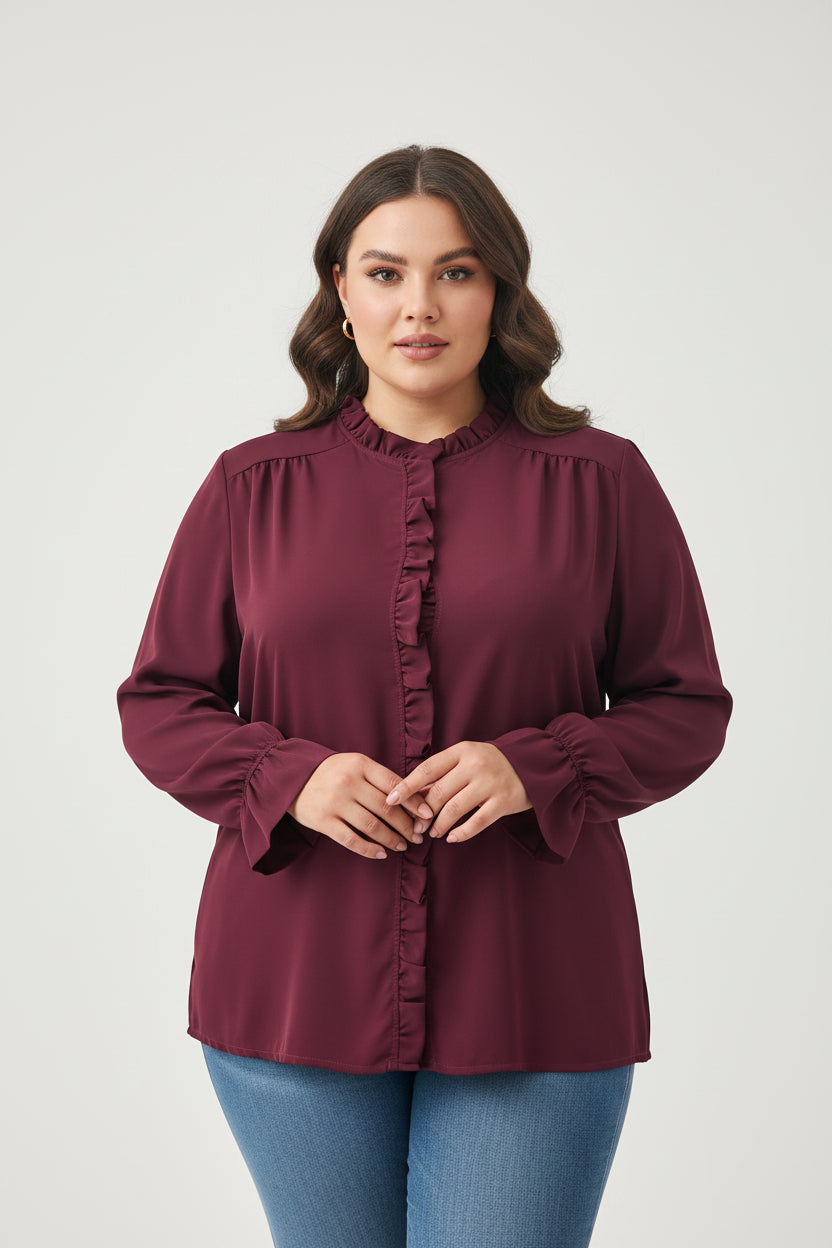 Camicia Curvy Fluida con Volant e Polsini a Campana