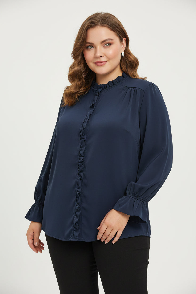 Camicia Curvy Fluida con Volant e Polsini a Campana