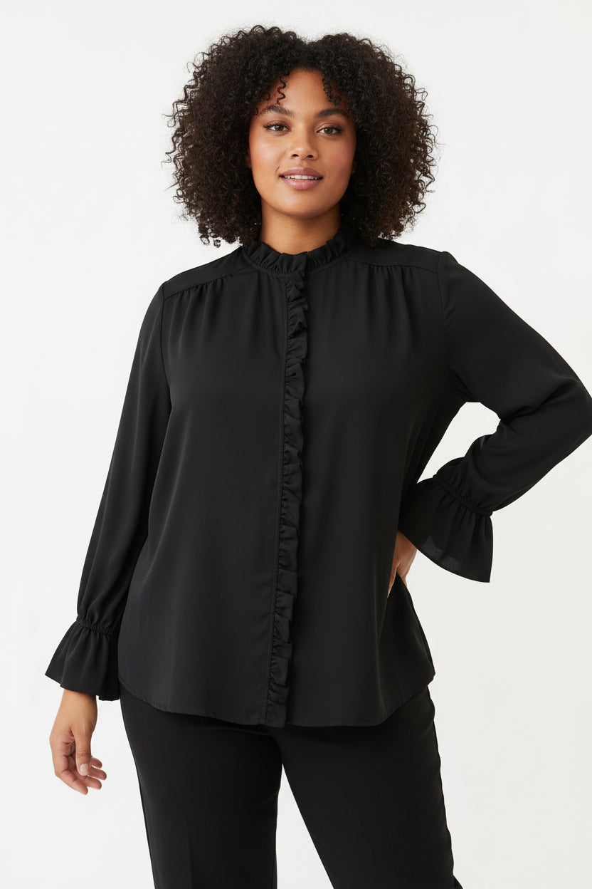 Camicia Curvy Fluida con Volant e Polsini a Campana