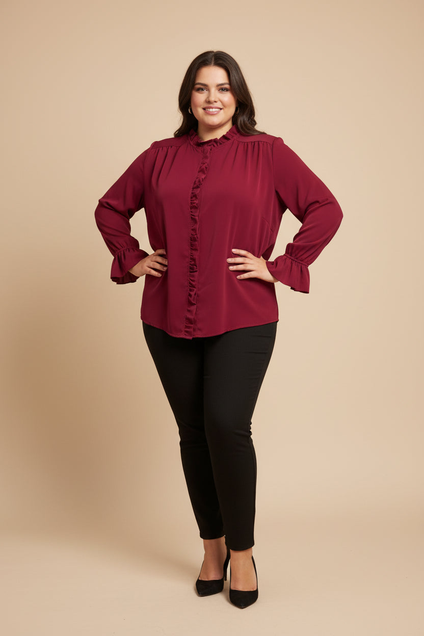 Camicia Curvy Fluida con Volant e Polsini a Campana