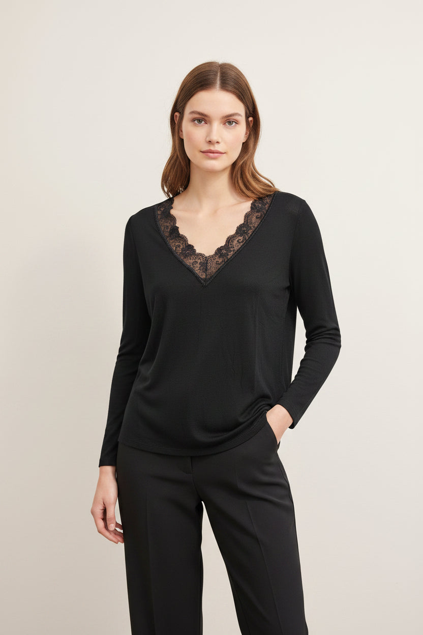 Maglia Curvy Scollo a V in Viscosa e Cashmere con Inserti in Pizzo
