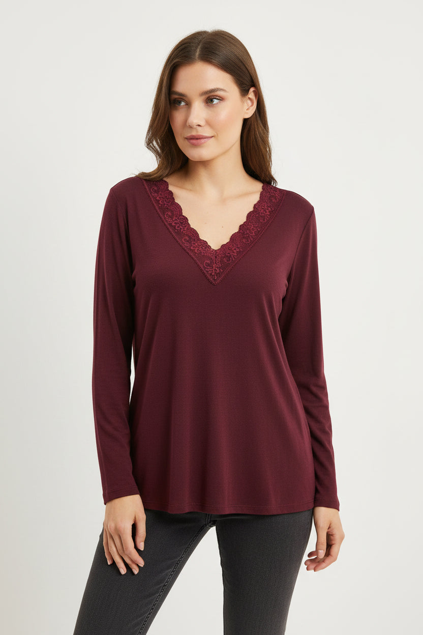 Maglia Curvy Scollo a V in Viscosa e Cashmere con Inserti in Pizzo