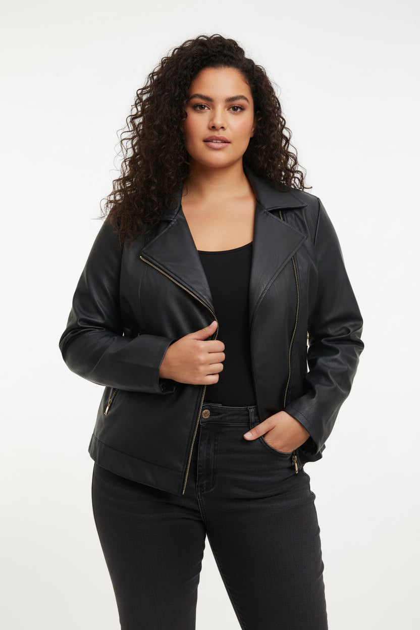 Giacca Chiodo Curvy in Ecopelle Morbida – Zip Asimmetrica e Collo Rever