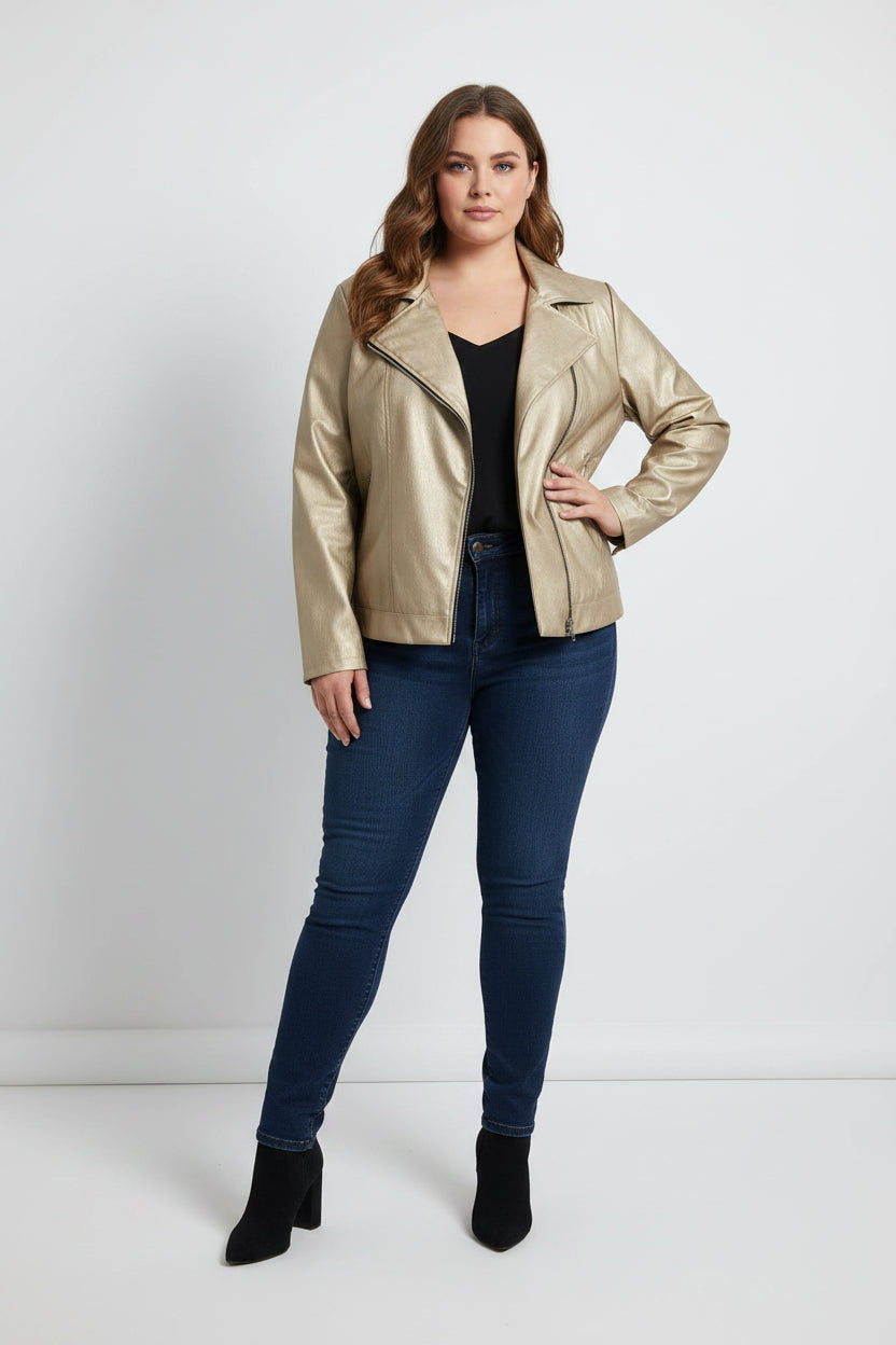 Giacca Chiodo Curvy in Ecopelle Morbida – Zip Asimmetrica e Collo Rever