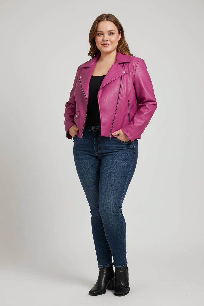 Giacca Chiodo Curvy in Ecopelle Morbida – Zip Asimmetrica e Collo Rever