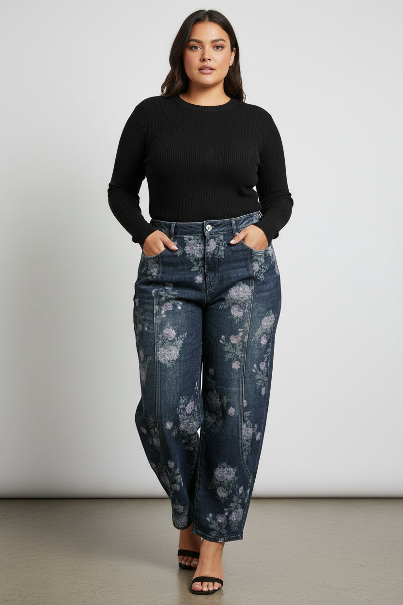 Jeans Curvy Barrel con Stampa Floreale con Taglio Balloon