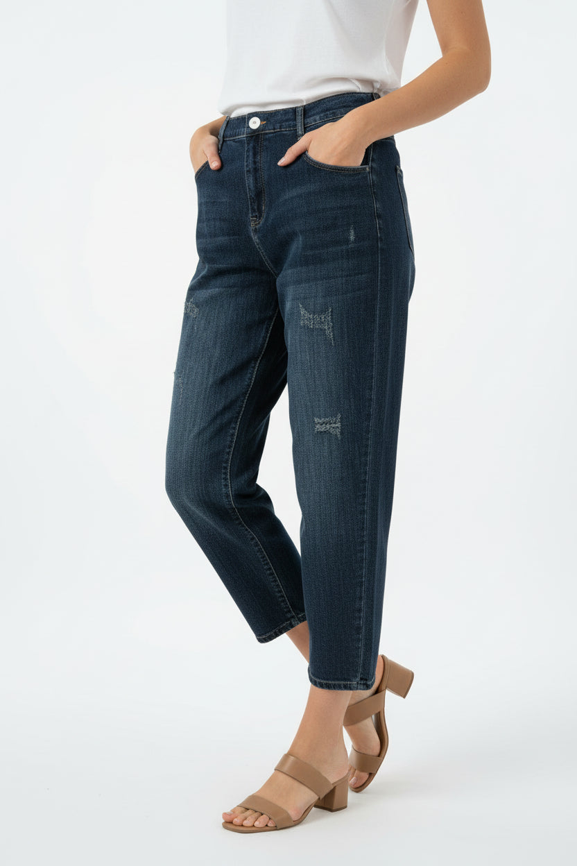 Jeans Curvy Comfort con Elastico Posteriore e Dettagli Destroyed – Lavaggio Medio