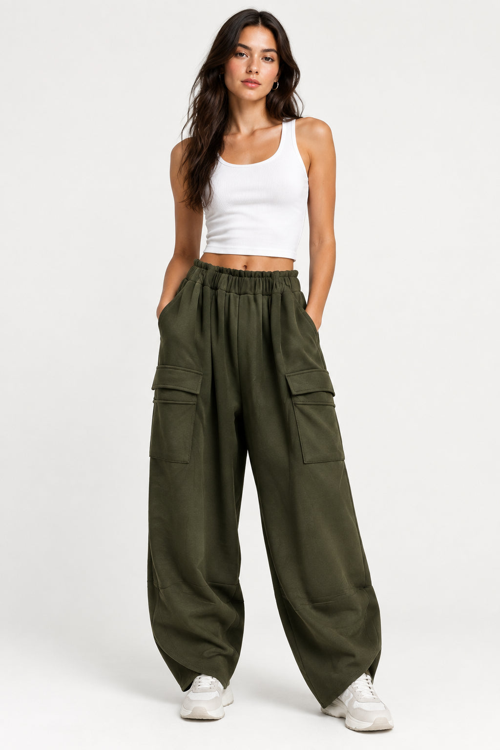 Pantalone Modello Sarouel Cargo Taglie Comode in Viscosa Stretch con Tasconi