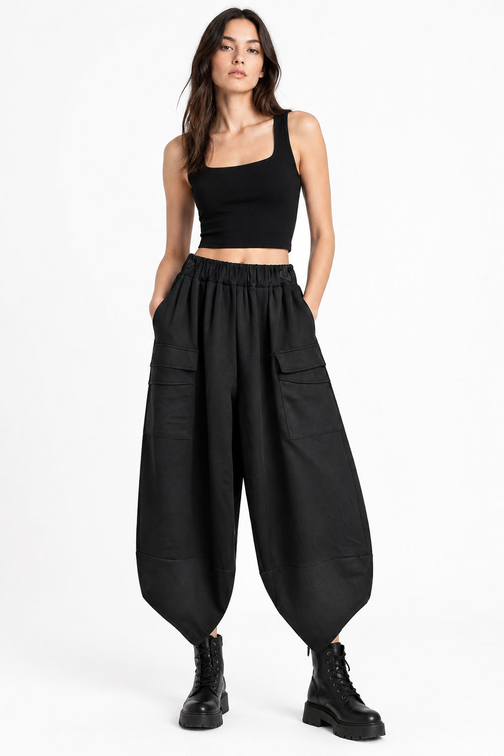 Pantalone Modello Sarouel Cargo Taglie Comode in Viscosa Stretch con Tasconi