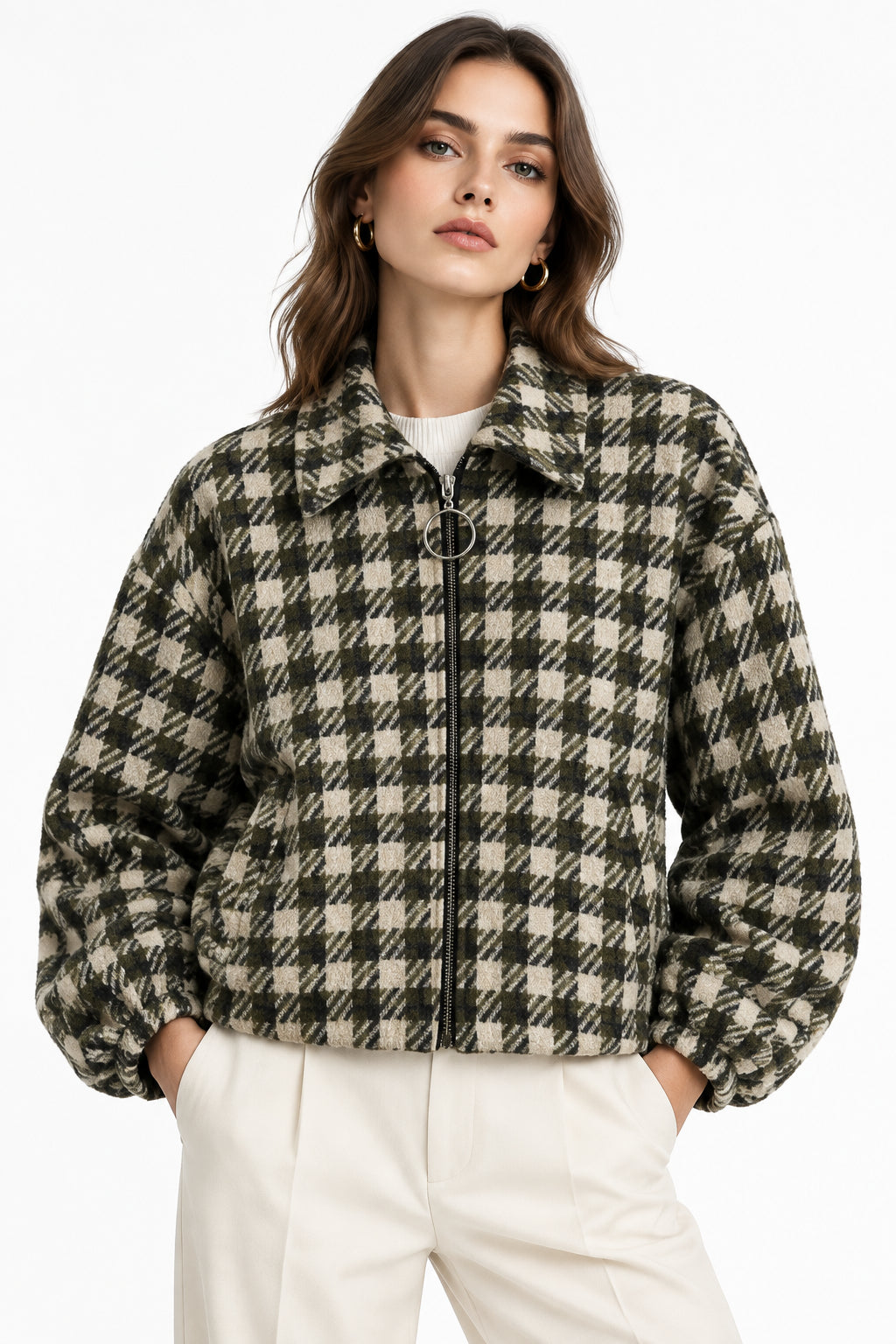 Giacca Curvy Fantasia Pied de Poule Bomberino Corto con Zip e Collo a Rever