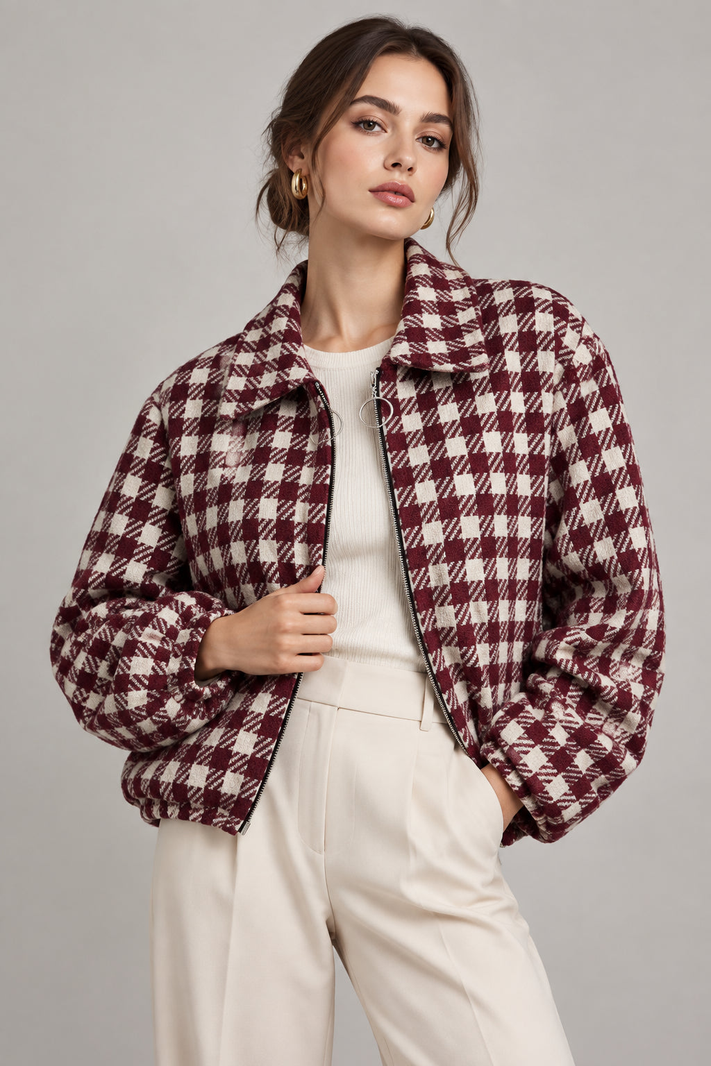 Giacca Curvy Fantasia Pied de Poule Bomberino Corto con Zip e Collo a Rever