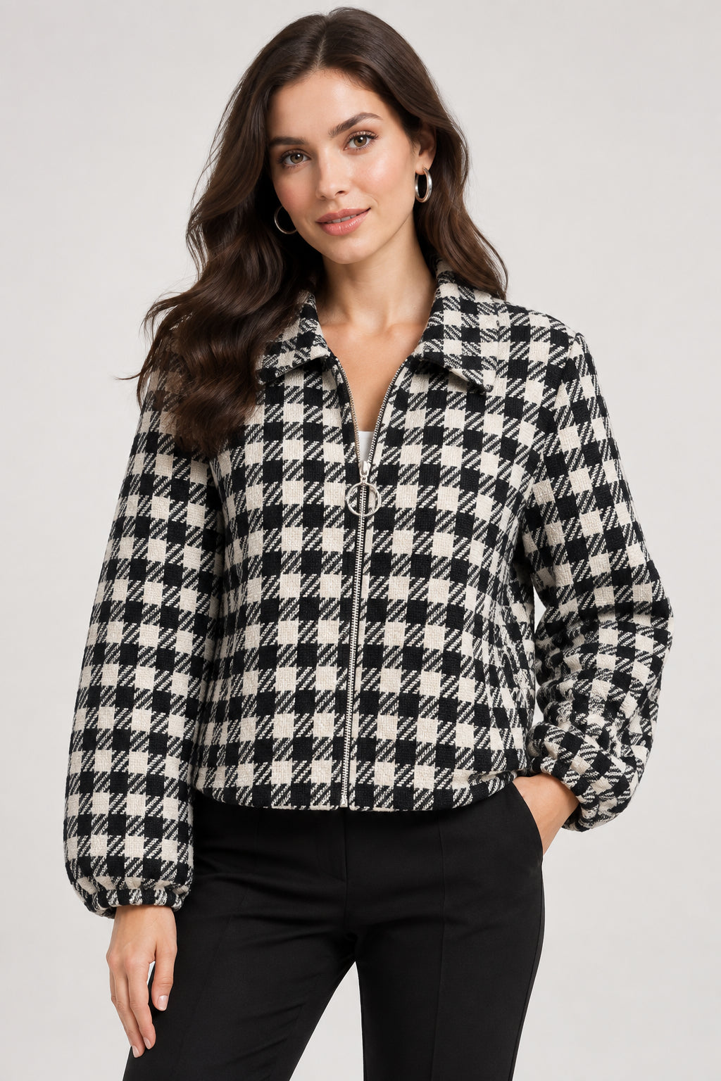 Giacca Curvy Fantasia Pied de Poule Bomberino Corto con Zip e Collo a Rever