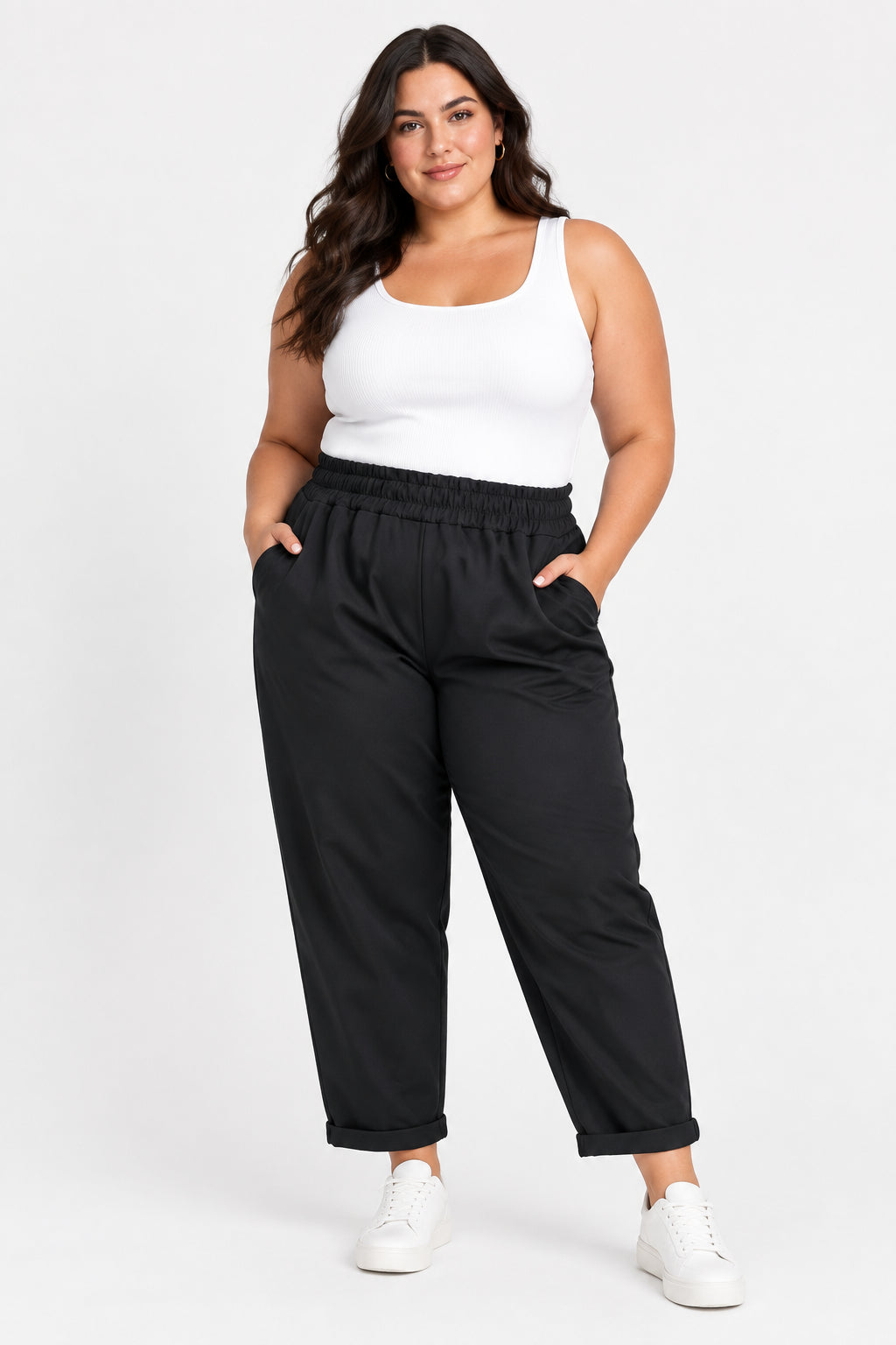 Pantalone Curvy Comfort con Risvolto Taglie Comode in Rayon Stretch con Elastico in Vita