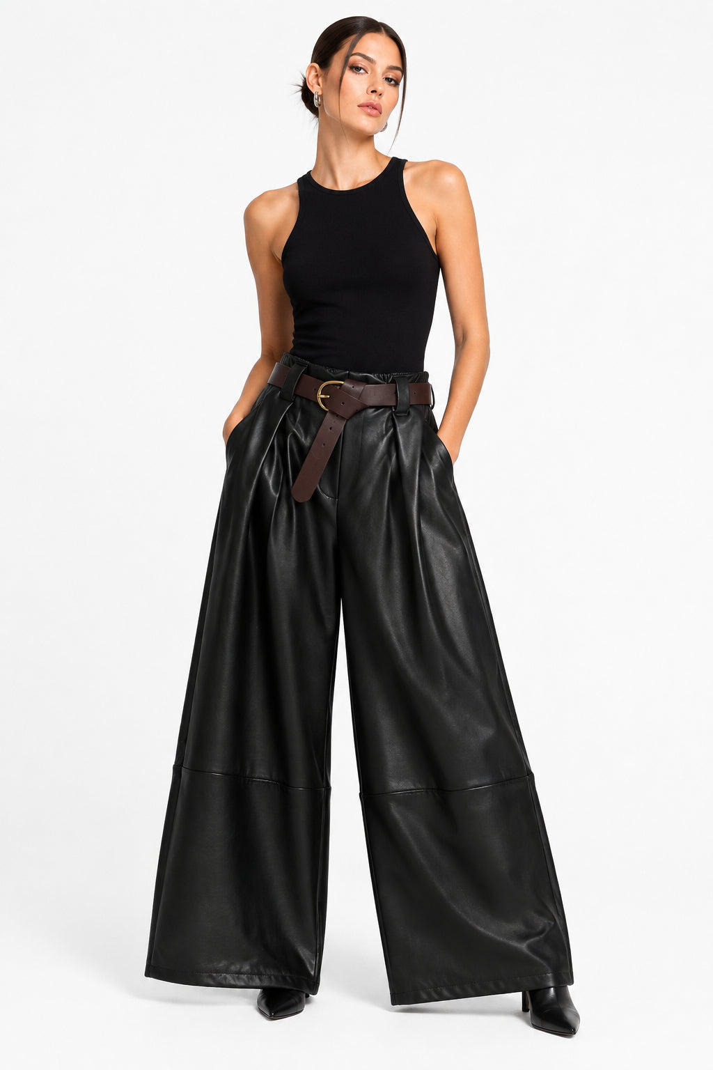 Pantalone Curvy in Ecopelle Palazzo con Cintura Taglie Comode Stile Rock-Chic