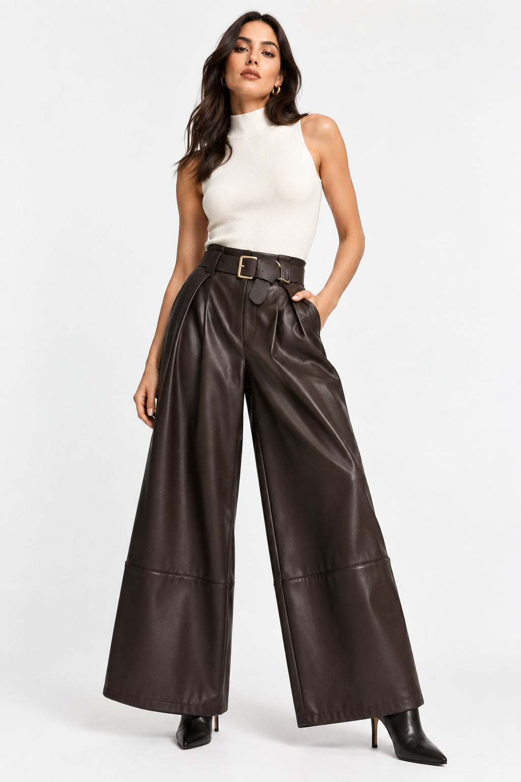 Pantalone Curvy in Ecopelle Palazzo con Cintura Taglie Comode Stile Rock-Chic
