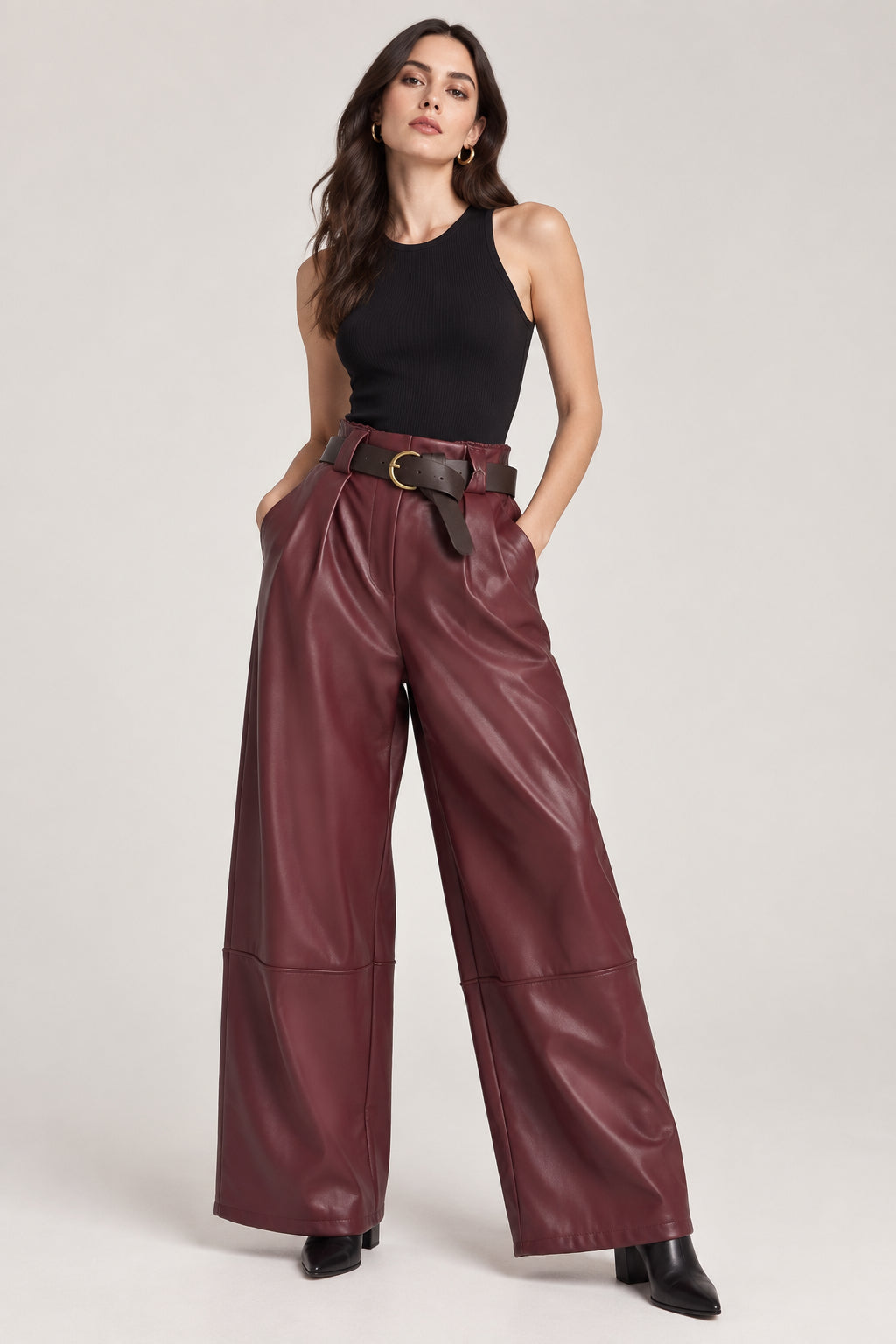 Pantalone Curvy in Ecopelle Palazzo con Cintura Taglie Comode Stile Rock-Chic